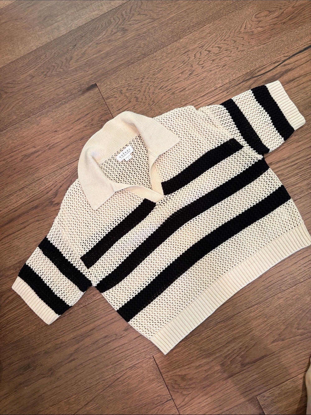 Velvet Cream and Black Striped Knit Polo Top